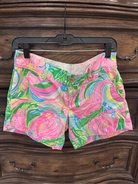 Lilly Pulitzer Pink Floral Cotton Bermuda Shorts with Green & Blue Accents